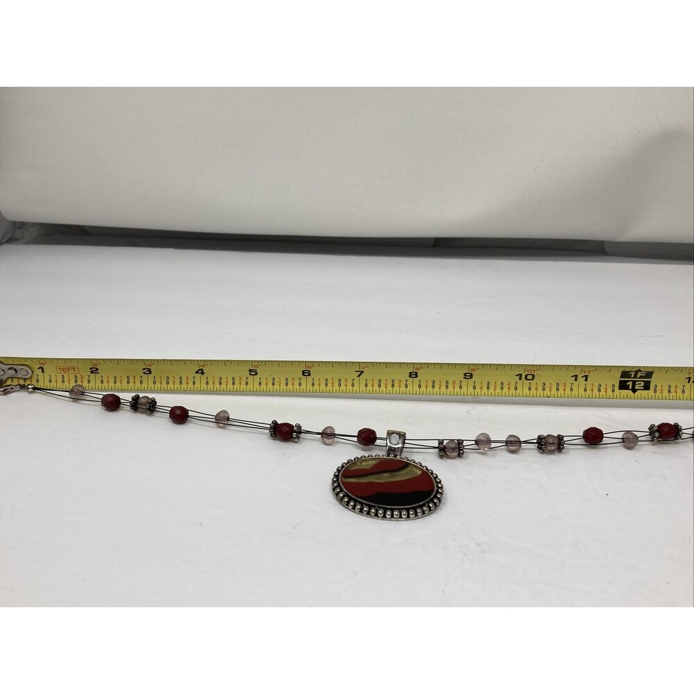 Pendant Necklace Signed HM Red Black Tan Oval with Beads Beaded - Picture 8 of 9